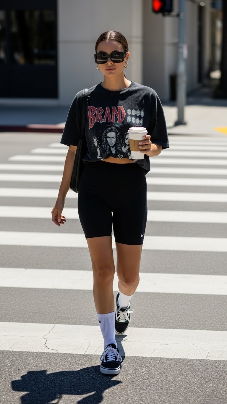 Casual athleisure outfit with oversized black graphic t-shirt and biker shorts walking across street crosswalk