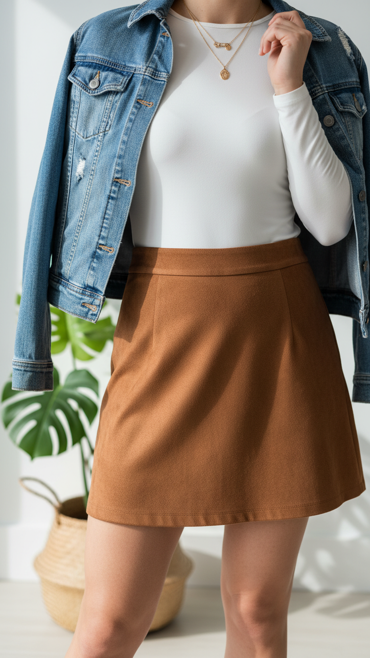 Casual bohemian brown suede mini skirt and white bodysuit with denim jacket draped over shoulder