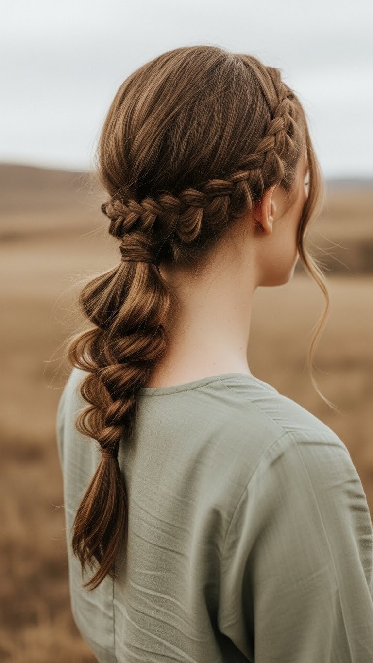 Casual braided ponytail on medium length hair with loose braid from nape, flowing top, and natural landscape background