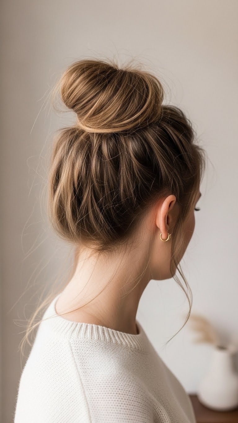 Casual chic messy bun hairstyle on medium length hair with delicate face-framing strands in bright daylight setting