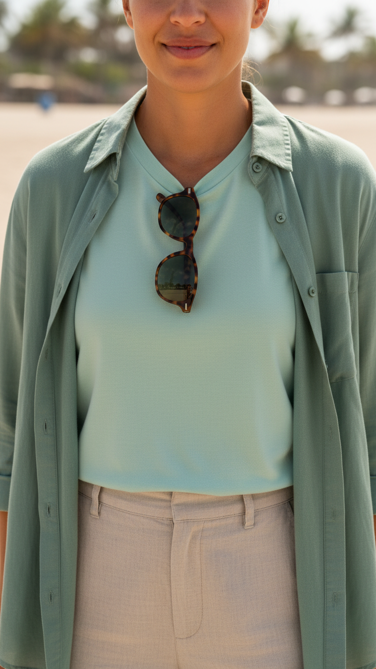 Casual layered mint green t-shirt under sage button-down shirt with sunglasses at beach setting