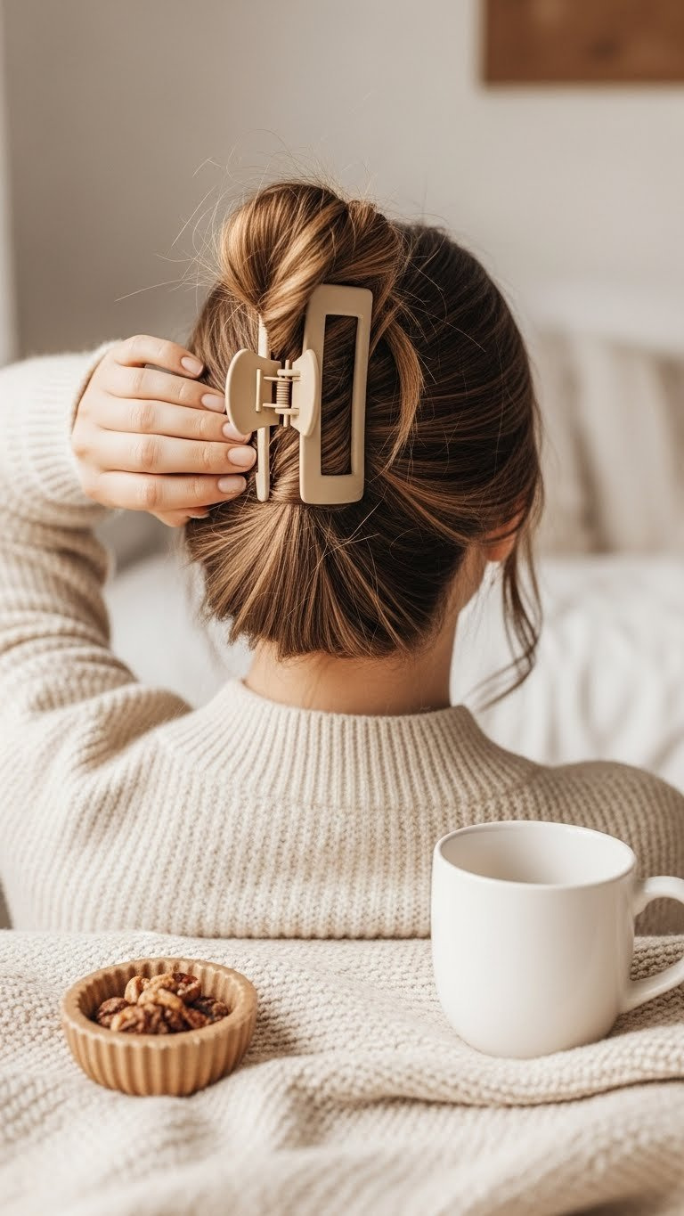 Casual messy bun hairstyle held by large matte claw clip with wispy strands and cozy sweater backdrop.