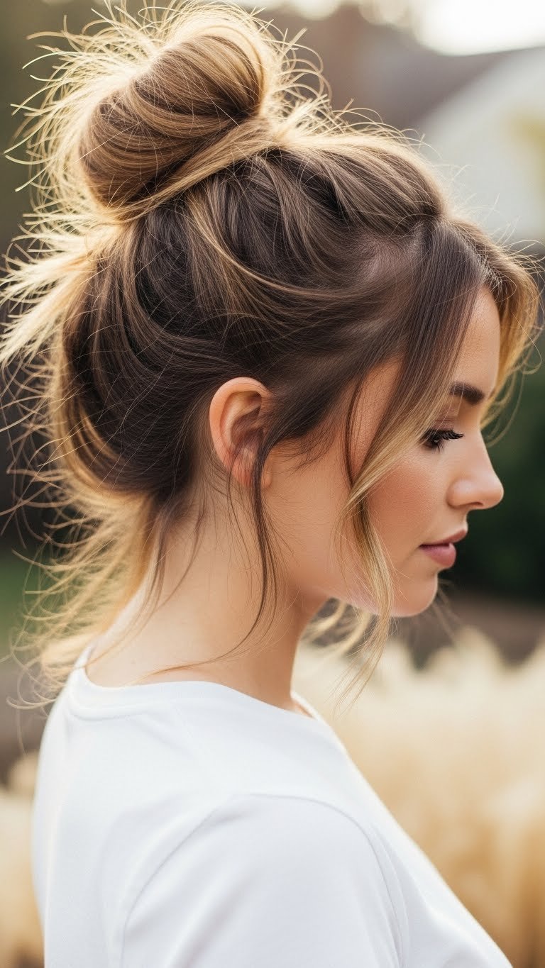Casual messy bun hairstyle on medium length hair with soft strands around face, white t-shirt, and blurred garden background