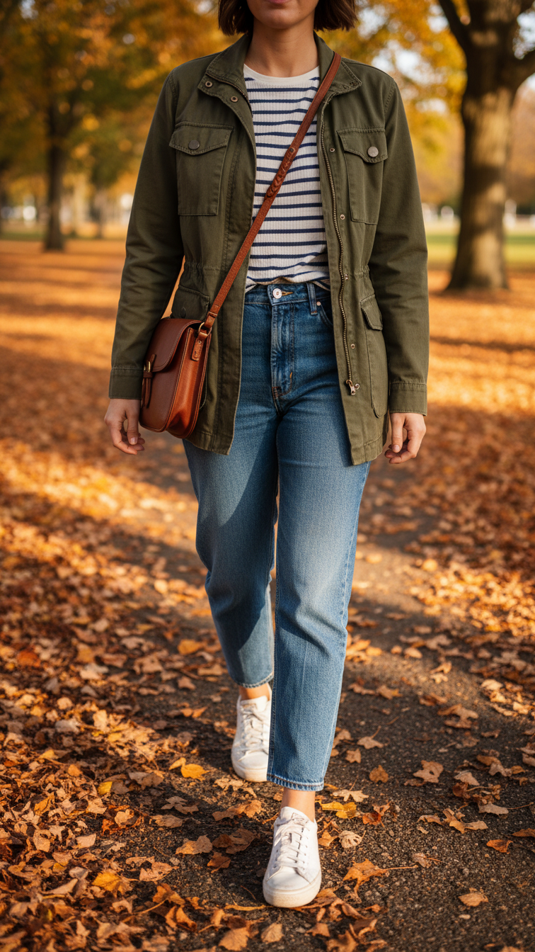Casual olive green utility jacket over striped tee and blue jeans walking through autumn park path