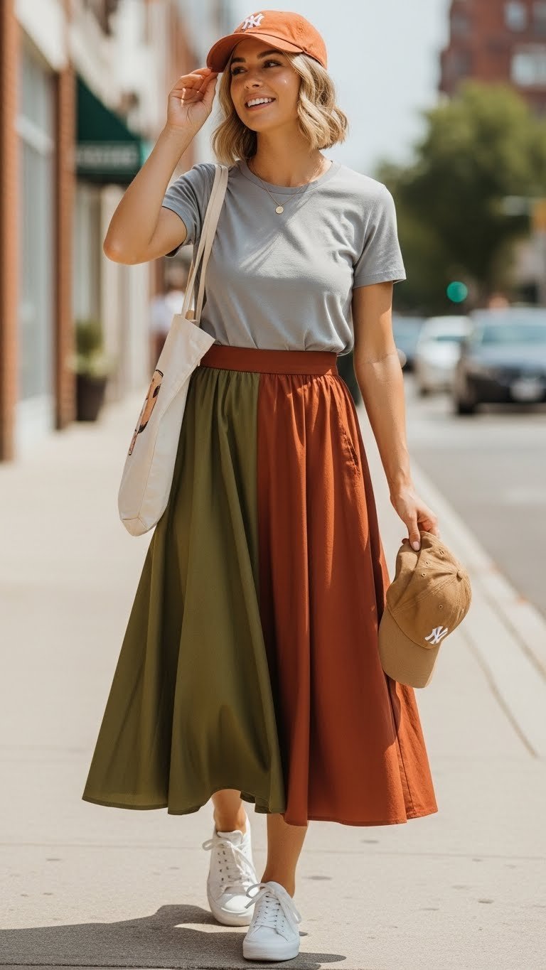 Casual outfit with A-line long skirt and sneakers in urban park setting with canvas tote bag