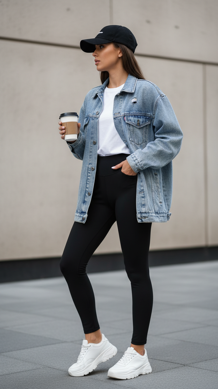 Casual street style featuring oversized vintage wash jean jacket with white tee, black leggings, and chunky sneakers