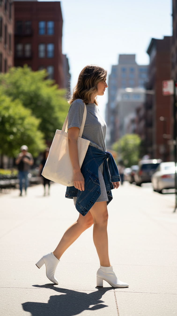 Casual weekend outfit with gray t-shirt dress and white heeled sneakers walking on sunny sidewalk.
