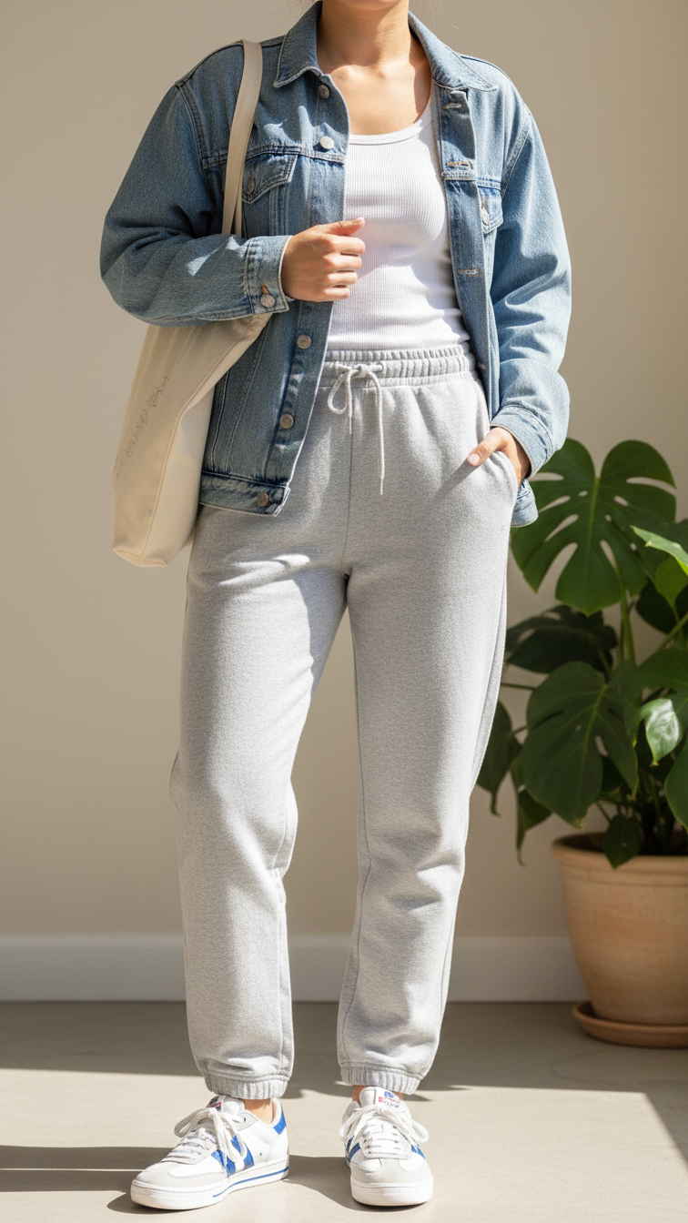Casual weekend outfit with heather-grey sweatpants, light-wash denim jacket, and retro sneakers against minimalist backdrop