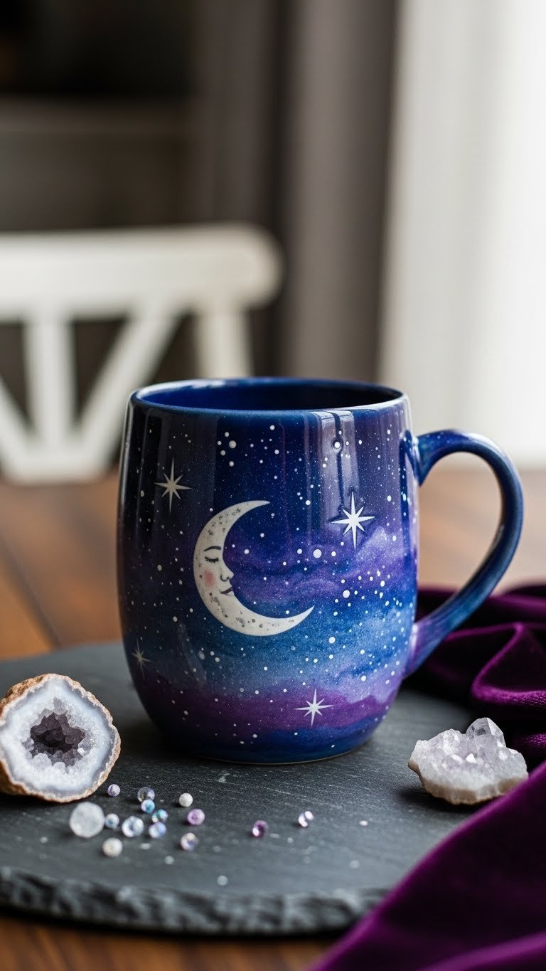 Celestial night sky painted coffee mug on dark textured stone with cosmic-themed accessories and velvet cloth