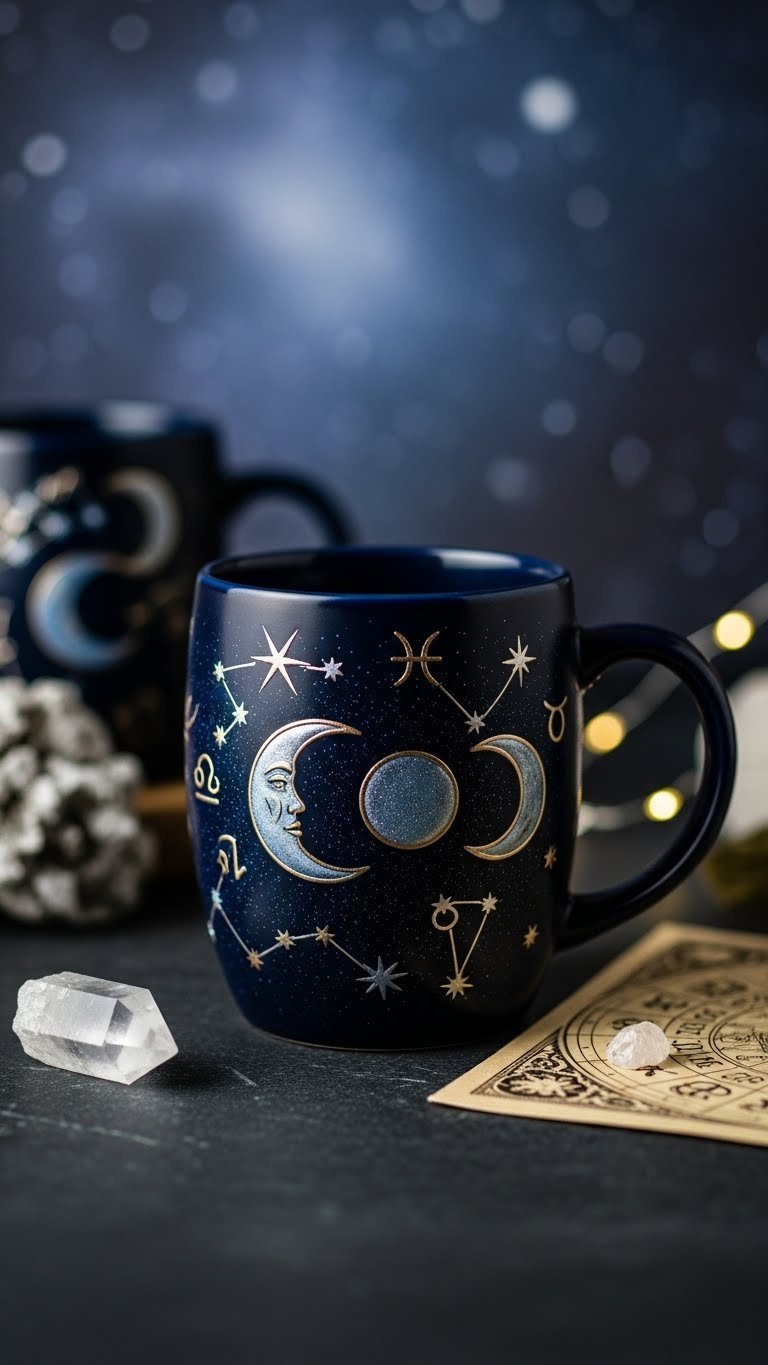 Celestial theme hand painted mug with gold constellations on dark stone surface in ambient lighting
