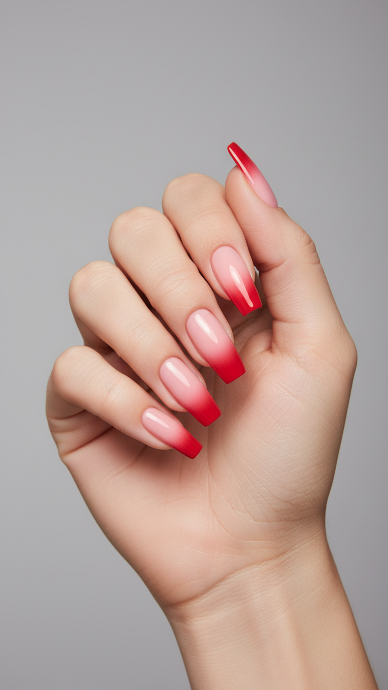 Centered close-up of coffin nails with flawless pink to red vertical ombre gradient against neutral gray background