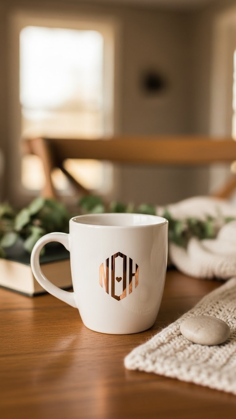 Ceramic coffee cup with gold initial monogram and heart detail on rustic wooden table with cozy blanket in golden hour light.