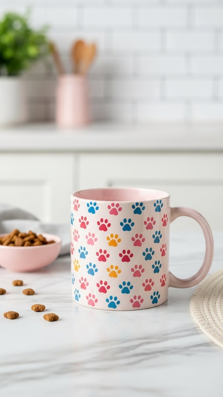 Ceramic coffee mug adorned with playful cat paws pattern marching across surface in vibrant pink tones