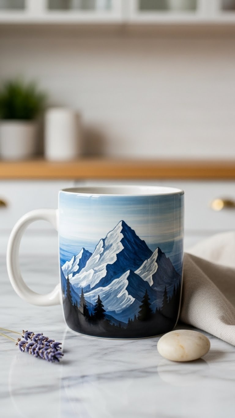 Ceramic coffee mug featuring mountain peak silhouette design on marble countertop with minimalist decor elements
