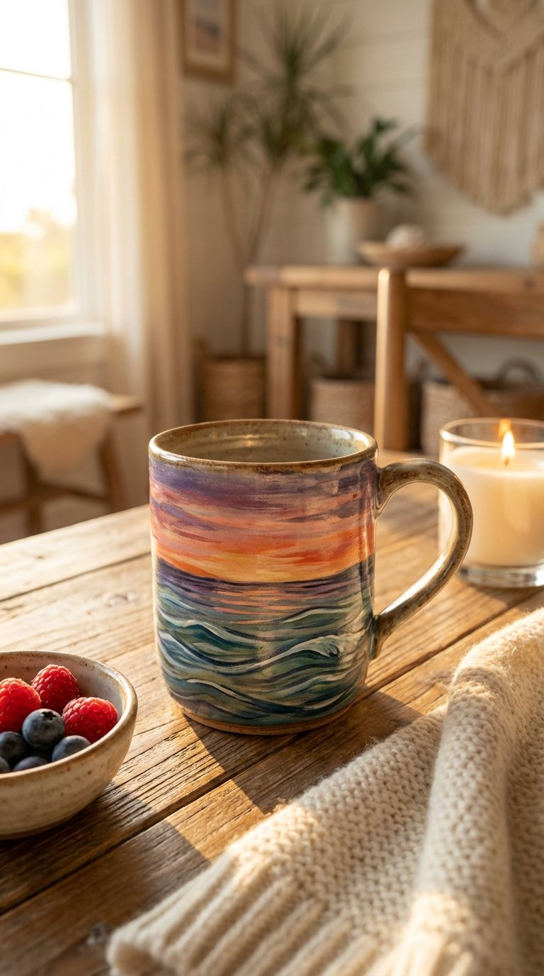 Ceramic coffee mug with hand-painted sunset ocean horizon in warm orange and pink hues on rustic table