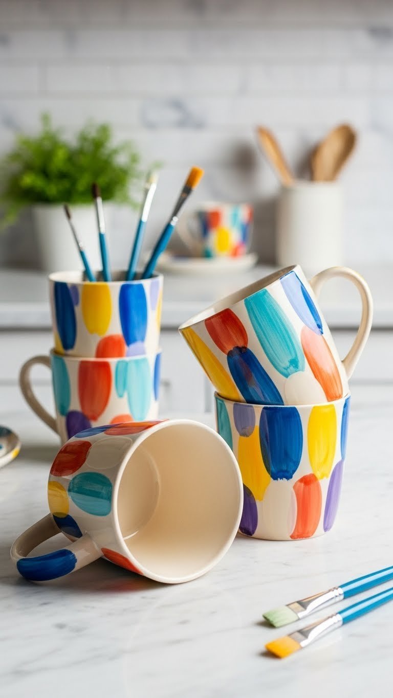 Ceramic coffee mugs with bold abstract brushstrokes in vibrant blues and yellows arranged on marble countertop with soft bokeh background.