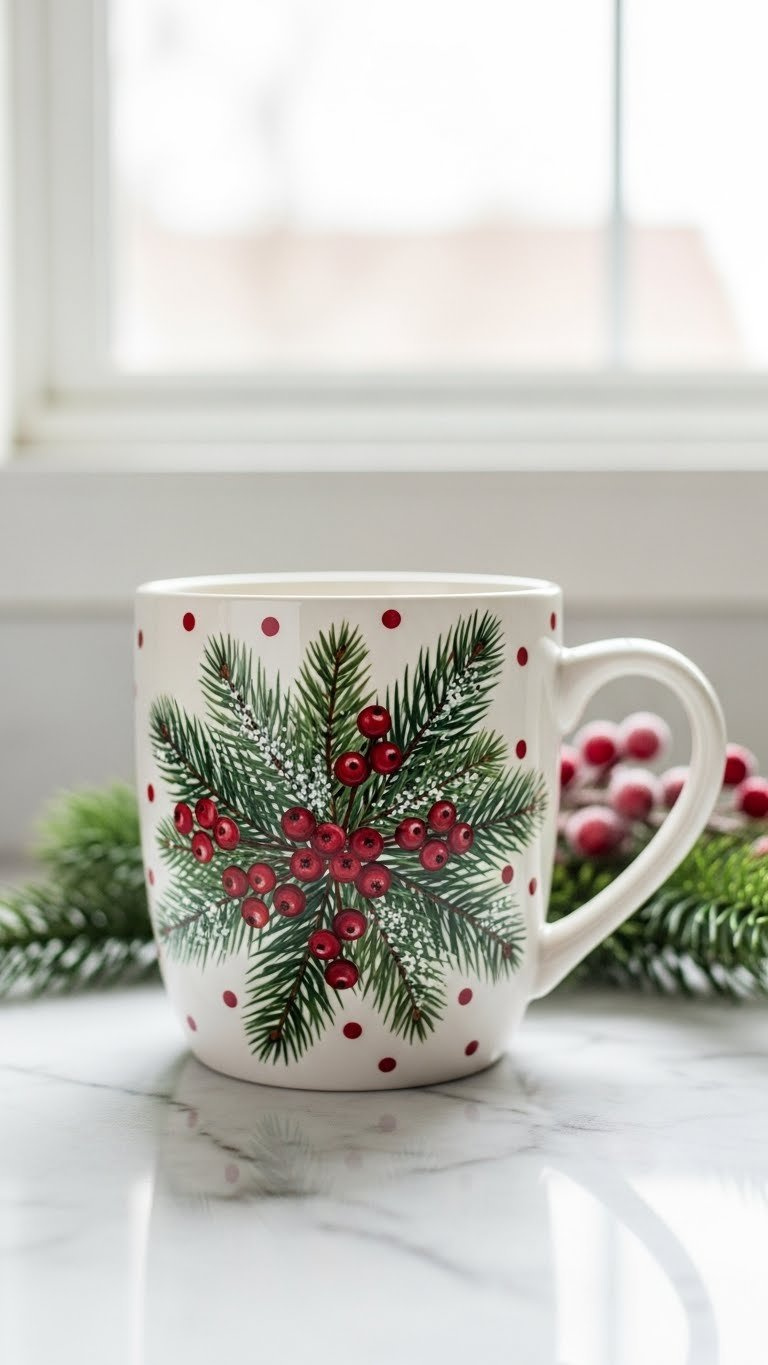 Ceramic mug adorned with hand-painted frosted red berries and evergreen branches on light marble countertop with natural daylight.
