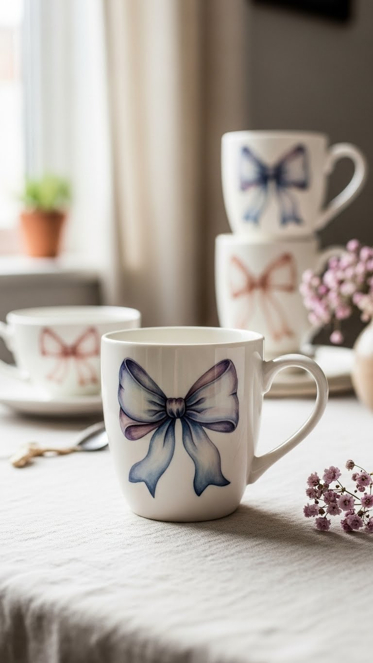 Ceramic mug adorned with translucent watercolor bow designs on linen tablecloth in soft window light