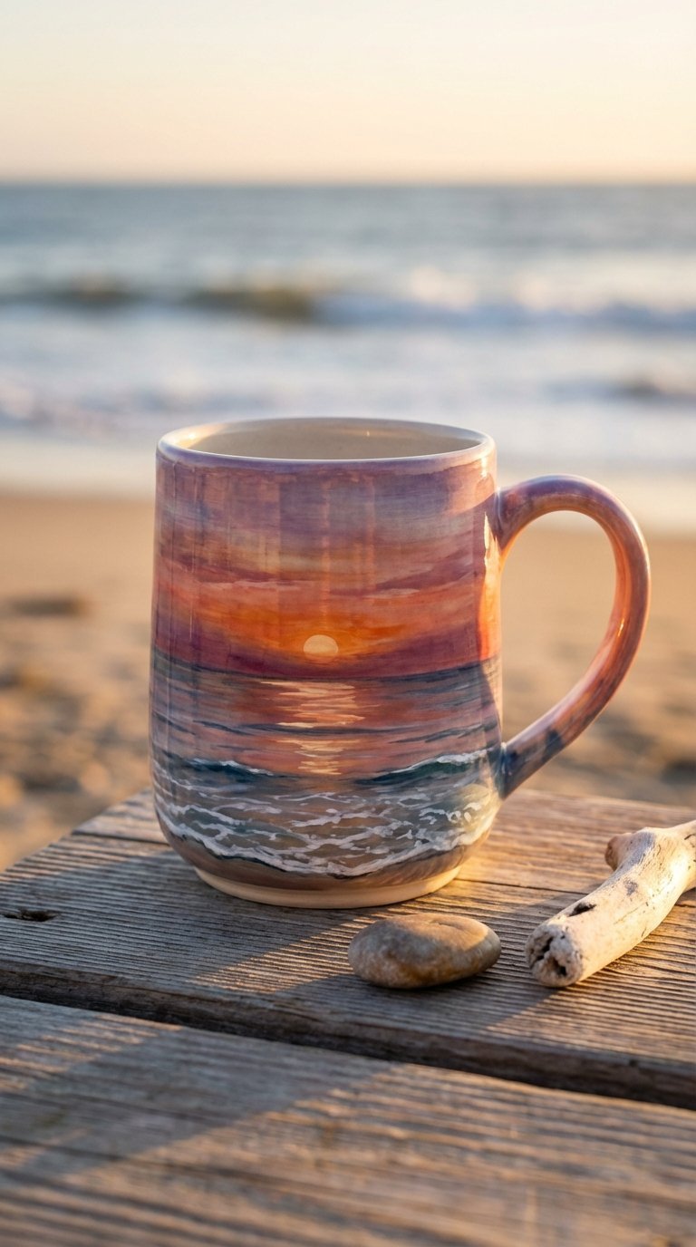 Ceramic mug displaying serene ocean horizon sunset with gentle waves and warm orange, pink, and purple hues