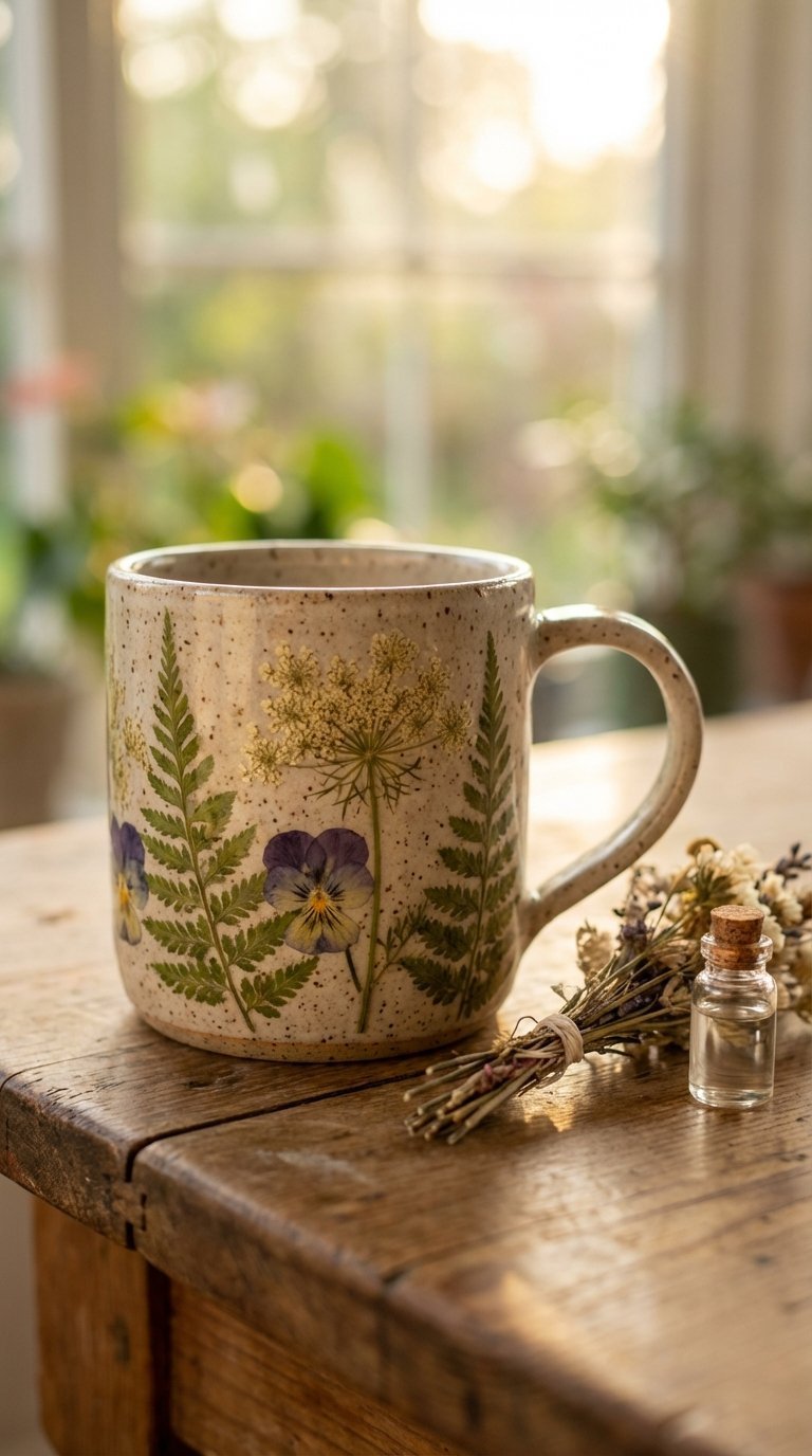 Ceramic mug featuring delicate pressed flower designs on rustic wooden table with dried botanical elements