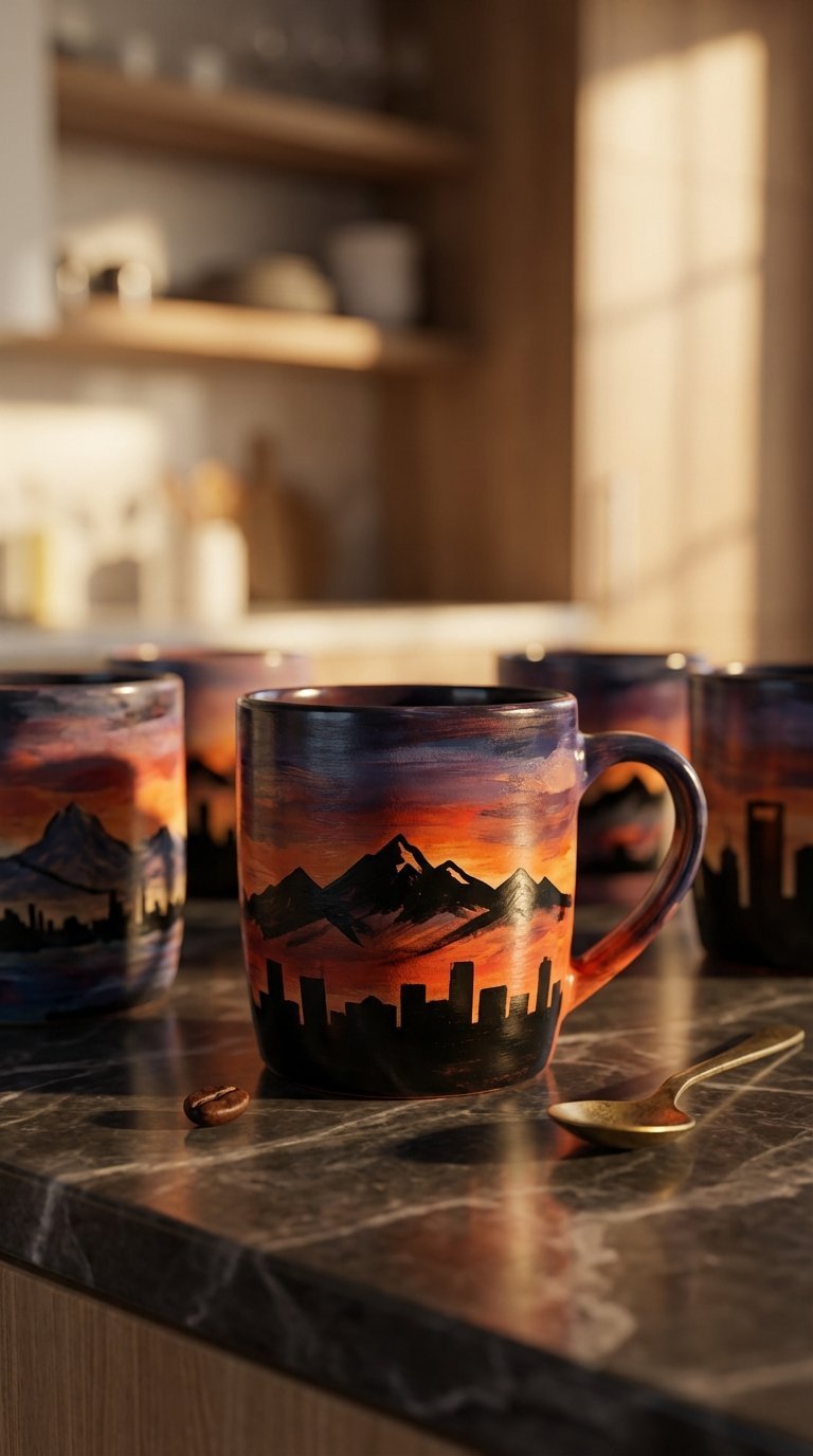 Ceramic mug featuring dramatic black landscape silhouette against vivid sunset backdrop with oranges and purples