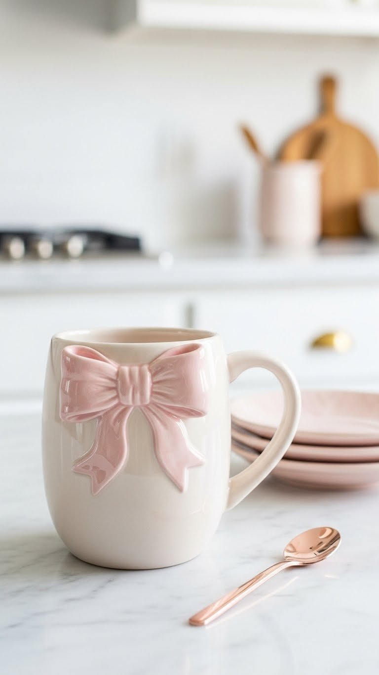 Ceramic mug featuring glossy pink 3D bow design on marble countertop with soft bokeh kitchen background