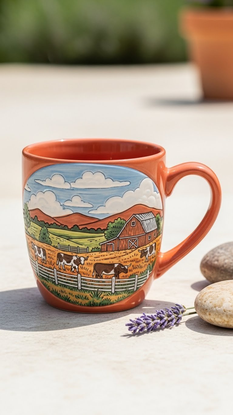 Ceramic mug featuring hand-painted ranch landscape with rolling hills, grazing cattle and barn against bright daylight