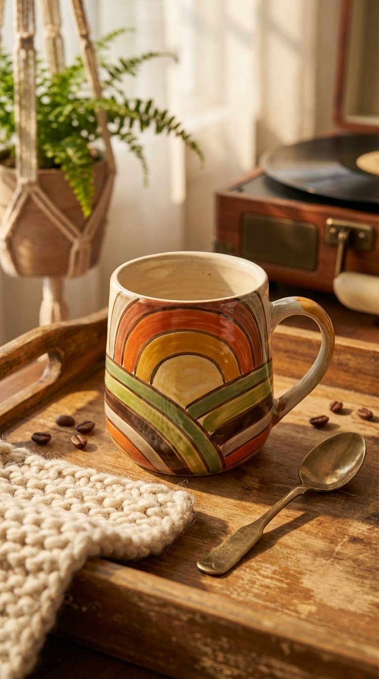 Ceramic mug featuring retro '70s sunset design with concentric arcs in burnt orange, mustard yellow, and avocado green