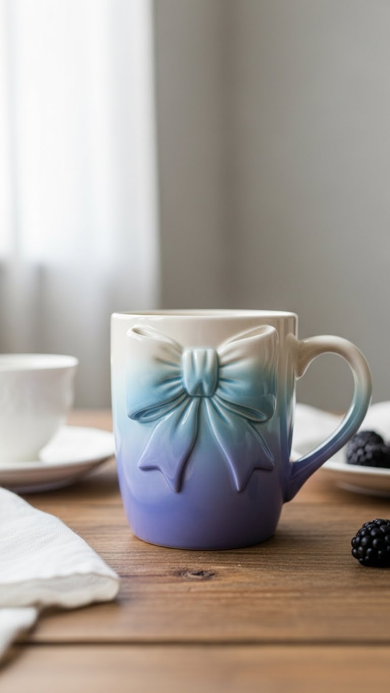 Ceramic mug featuring smooth ombre bow gradient design on rustic wooden table in serene light