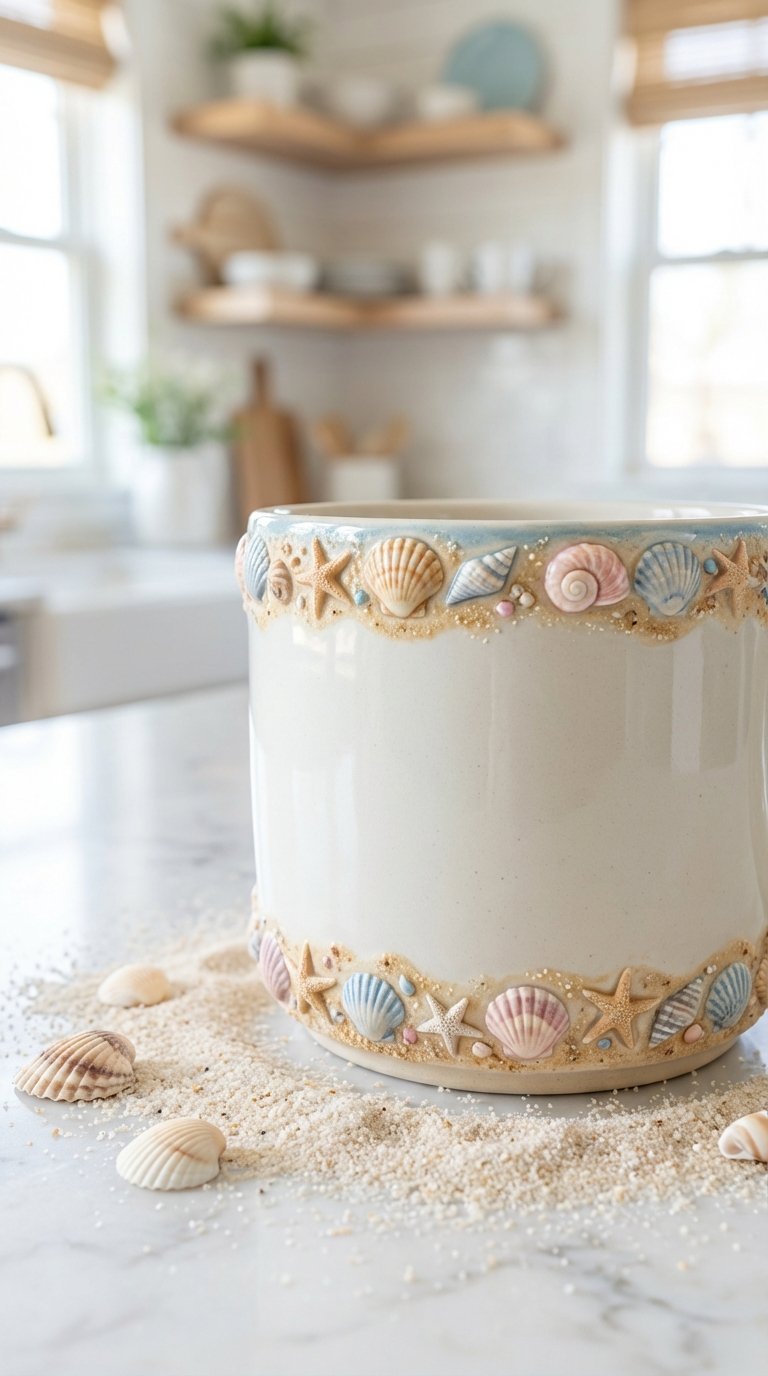Ceramic mug painted with beach and seashell border featuring miniature shells and starfish on marble countertop.