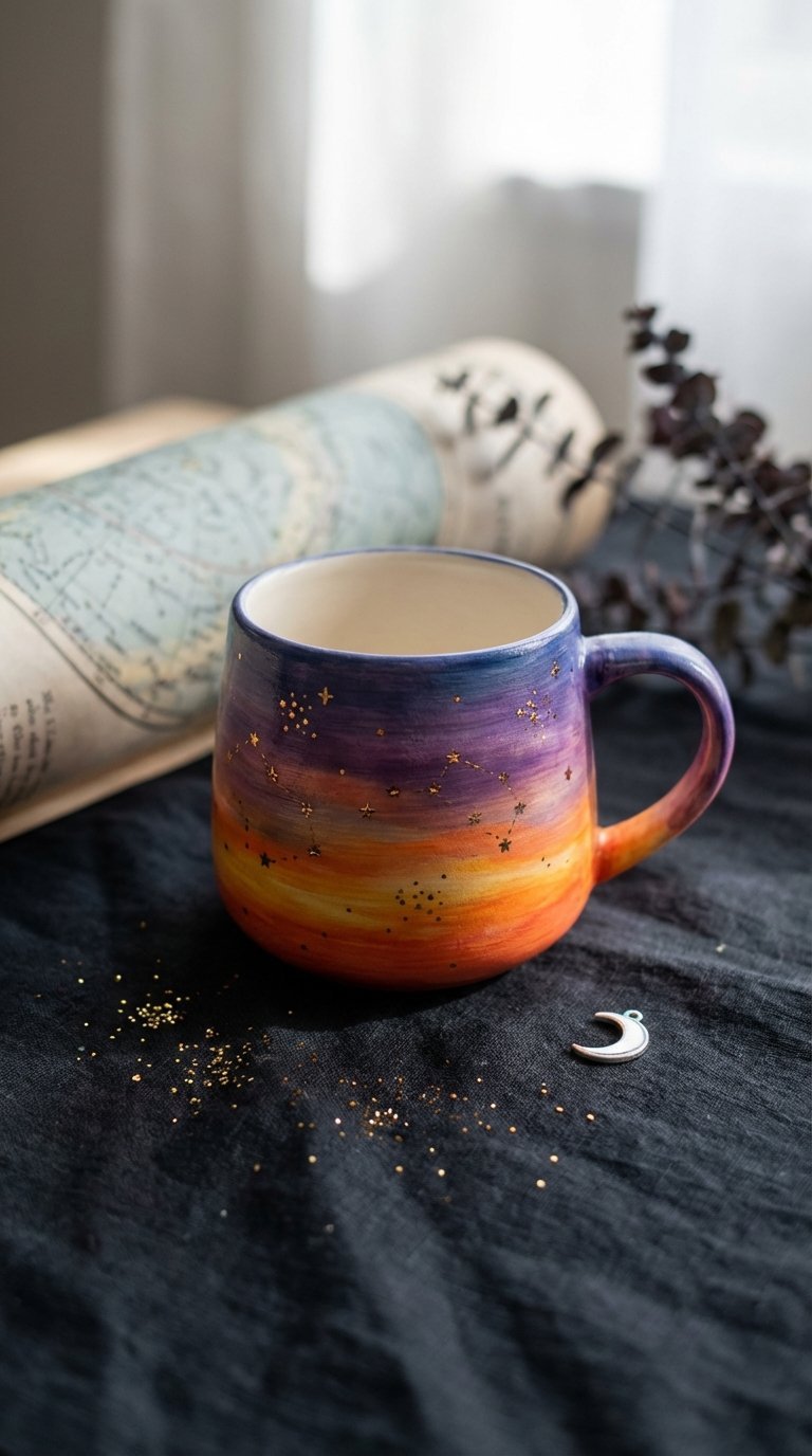Ceramic mug showcasing magical starlight sunset horizon with twinkling stars against fiery orange to purple gradient