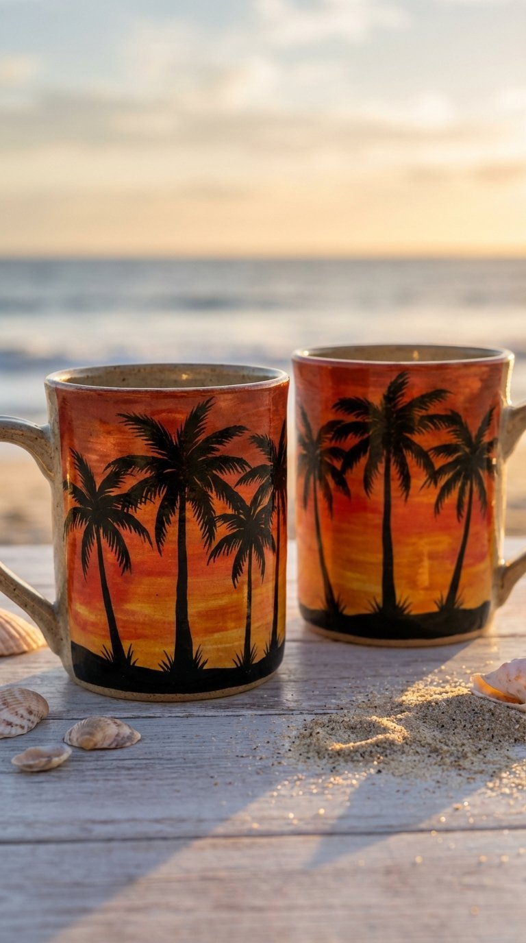 Ceramic mug showcasing palm tree silhouette against fiery sunset sky with red, orange, and golden yellow colors