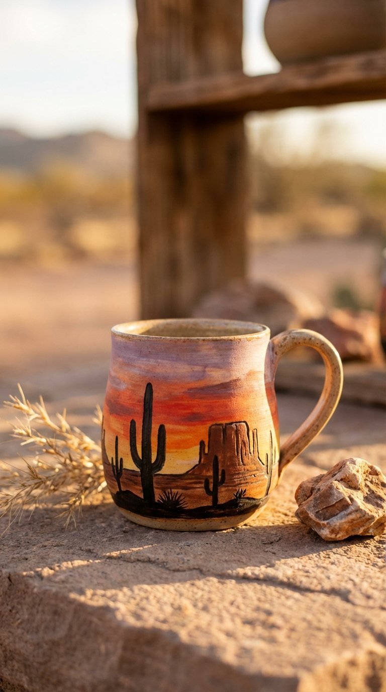 Ceramic mug showcasing rugged desert landscape sunset with cacti silhouetted against intense orange and red sky