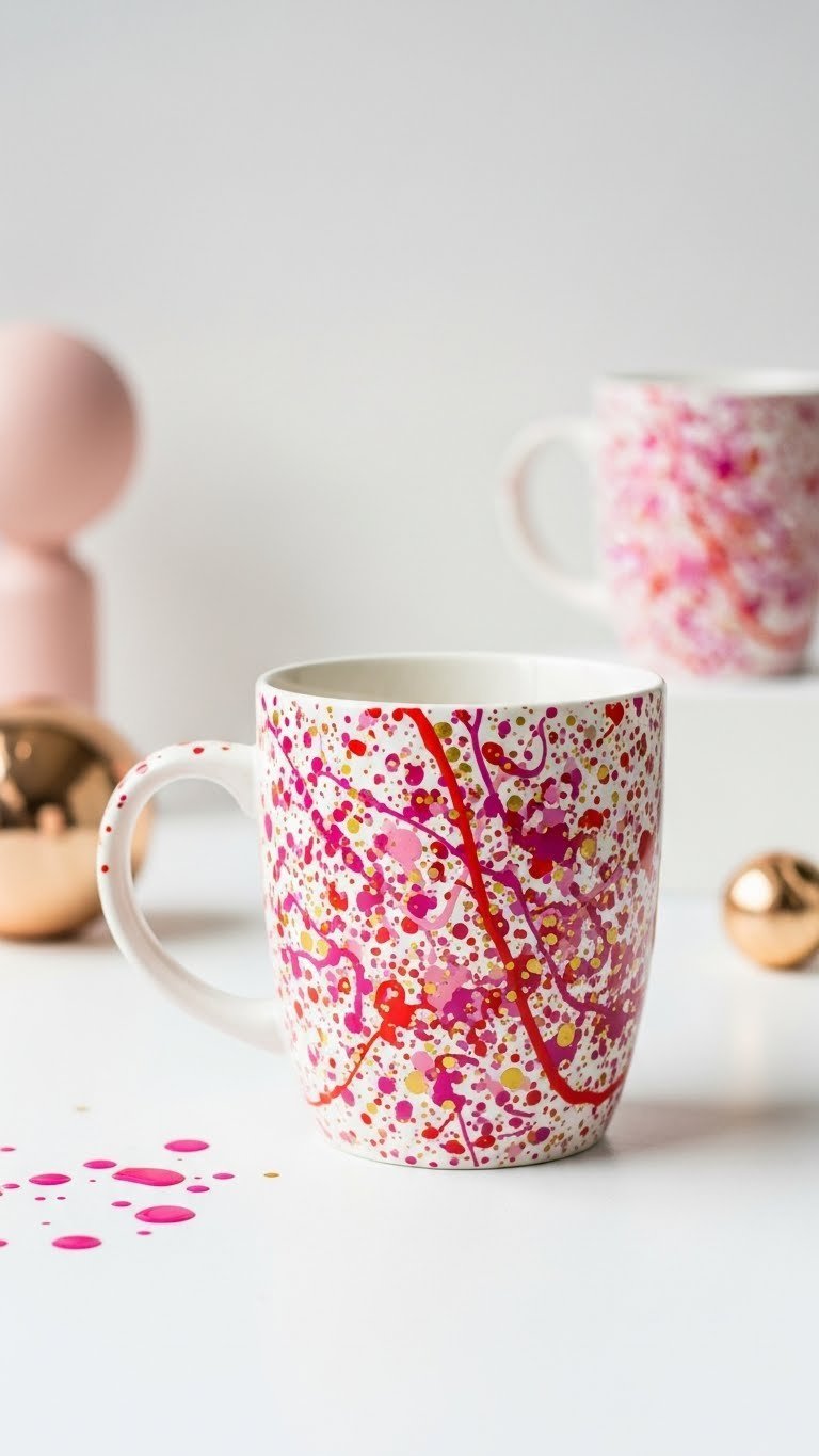 Ceramic mug with abstract pink, red, and gold paint splatter pattern on white backdrop with scattered paint droplets.