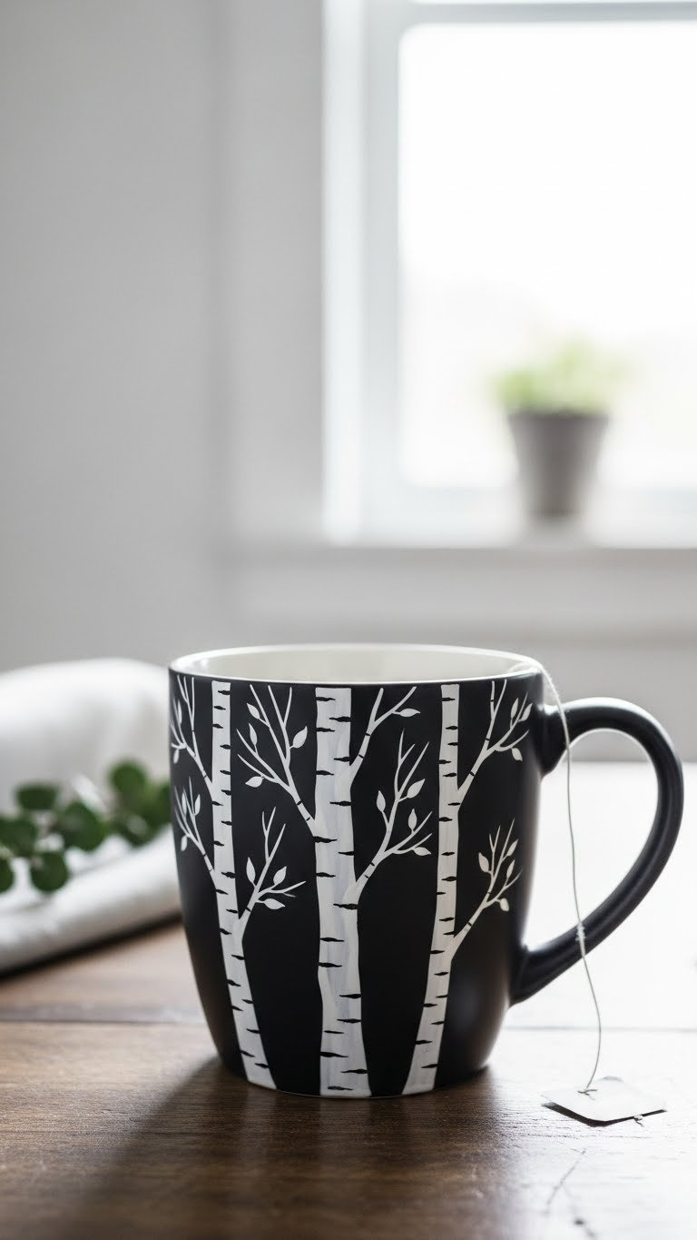 Ceramic mug with birch tree silhouette design against white background
