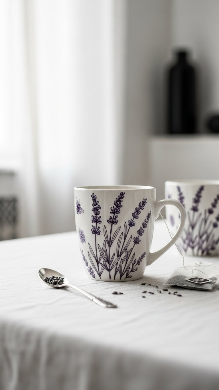 Ceramic mug with delicate botanical line art lavender design on white linen tablecloth in minimalist setting