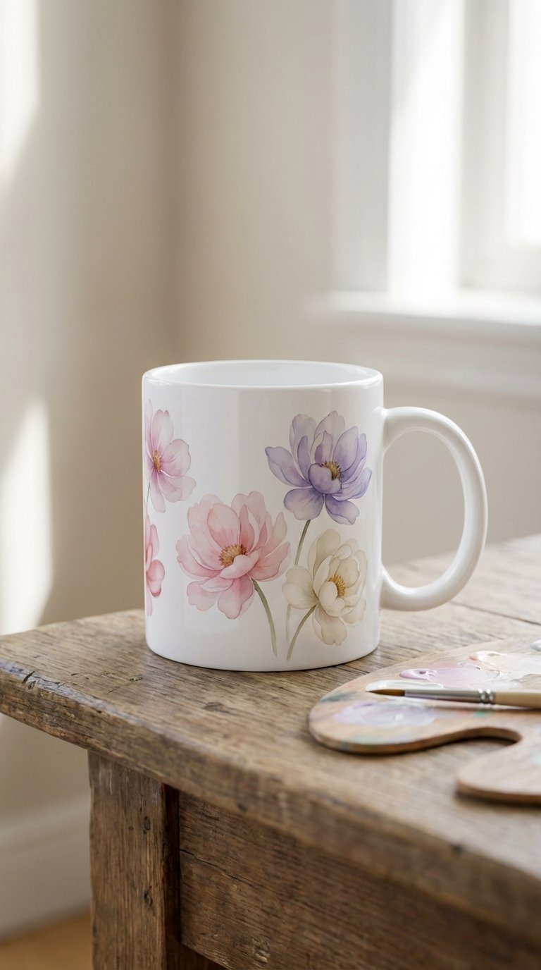 Ceramic mug with delicate watercolor floral blooms in soft pinks and purples on rustic wooden table with artist tools