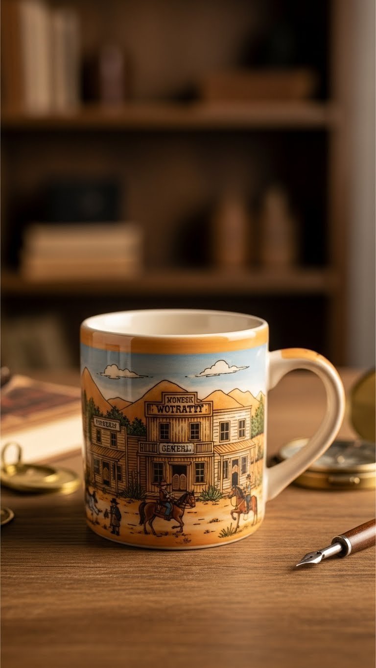 Ceramic mug with detailed frontier town illustration showing saloons and horses in warm golden hour light