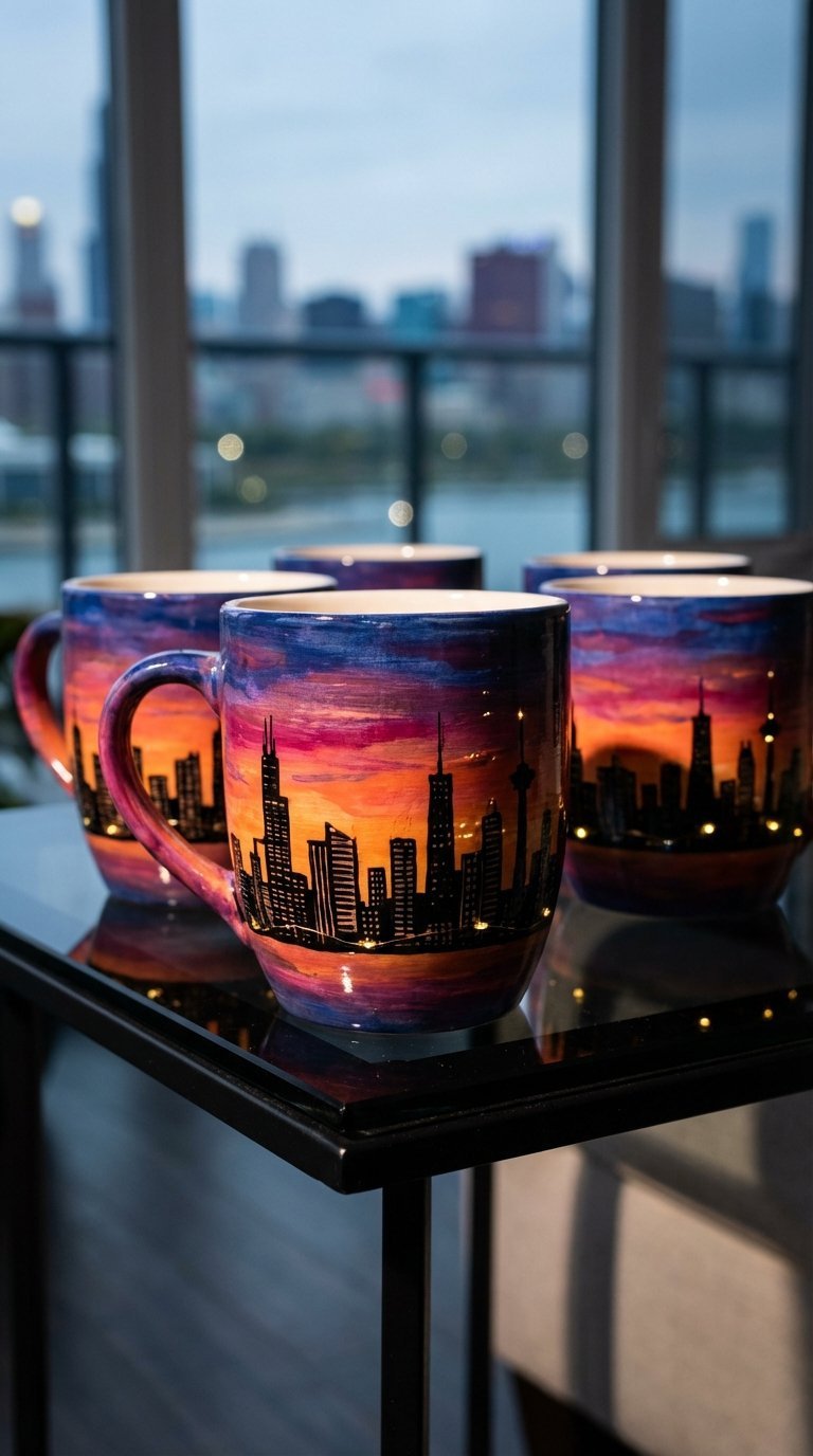Ceramic mug with dramatic city skyline silhouette against electric sunset sky of oranges, magentas, and blues