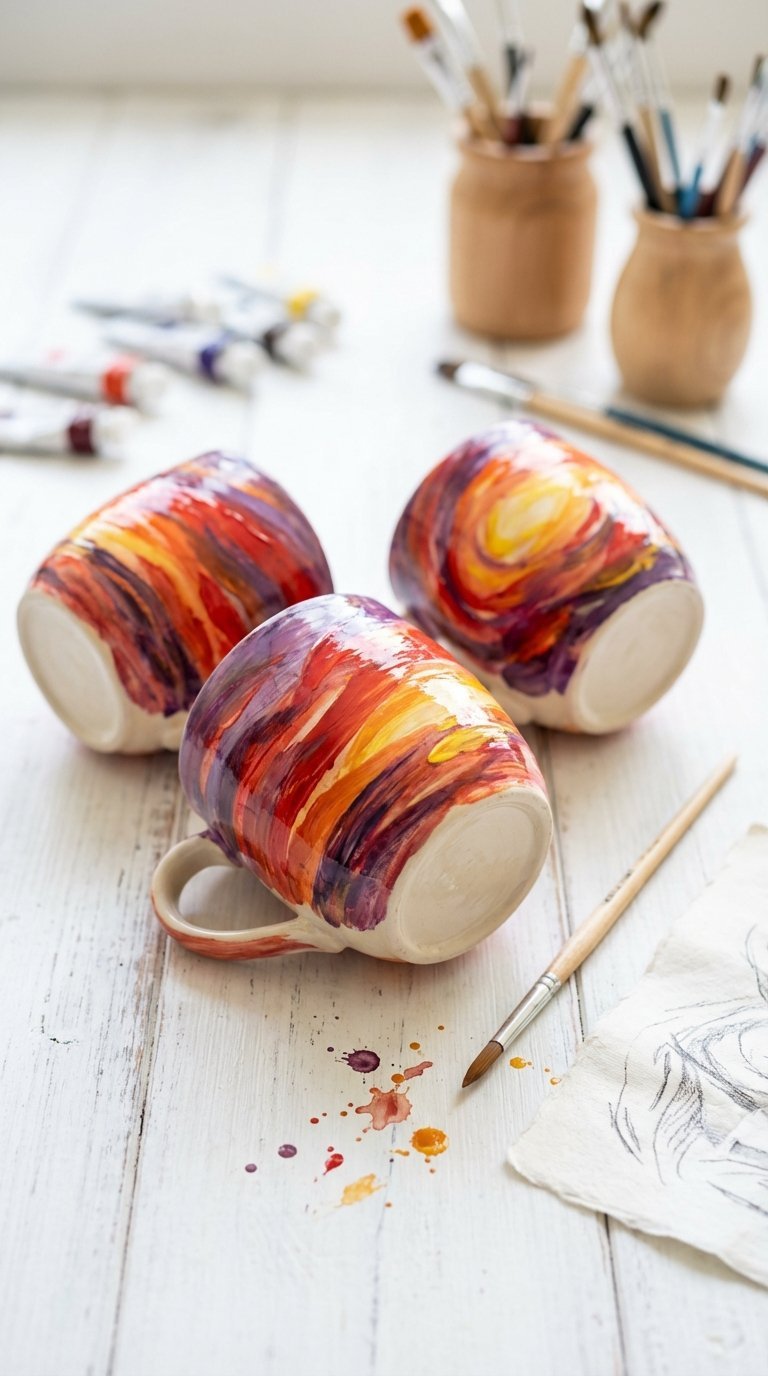 Ceramic mug with energetic abstract swirl sunset design featuring red, orange, yellow, and purple paint strokes