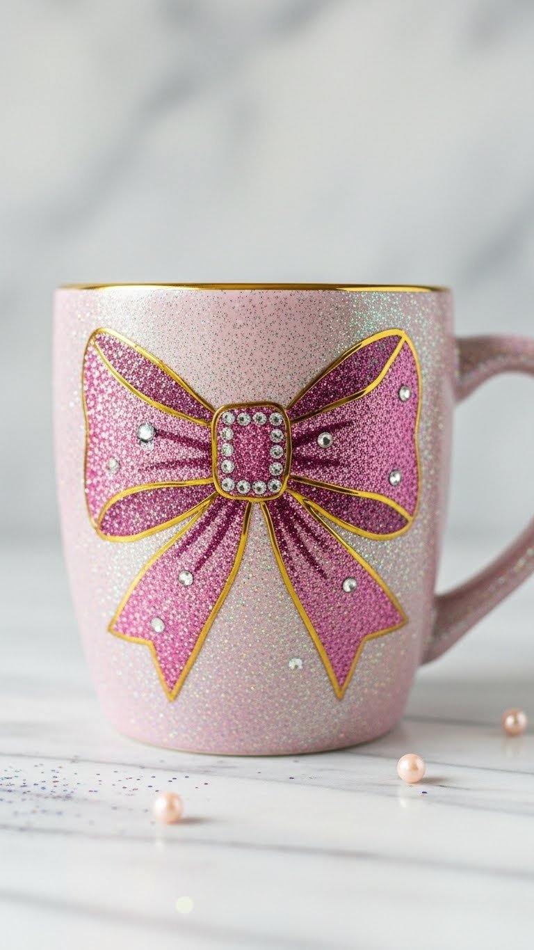 Ceramic mug with glitter and rhinestone embellished bow design sparkling on marble countertop