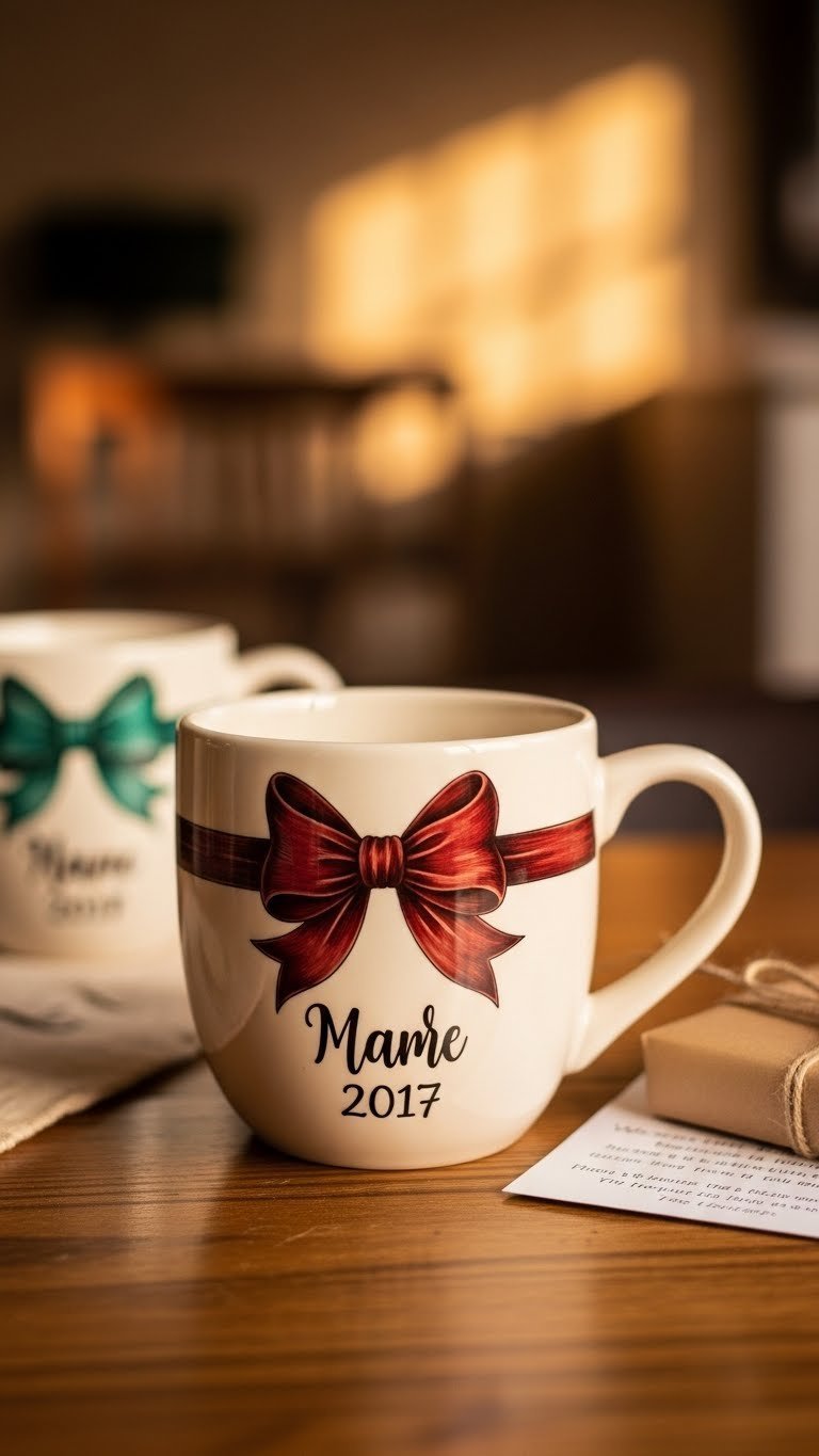 Ceramic mug with hand-painted bow design and personalized lettering on rustic wooden table