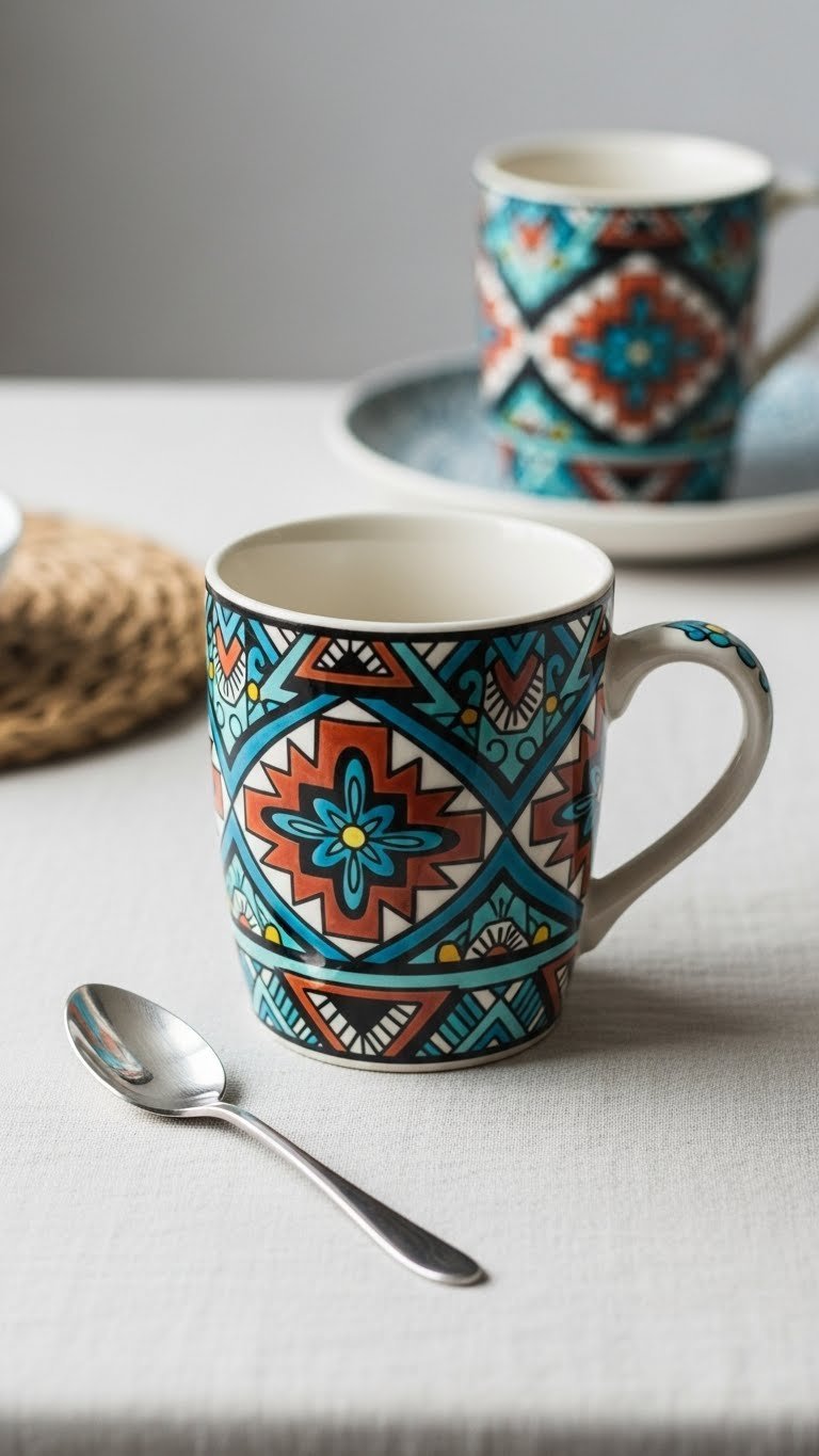 Ceramic mug with intricate Native American geometric patterns in turquoise and terracotta on linen tablecloth