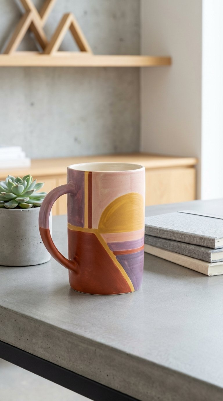 Ceramic mug with modern geometric sunset pattern featuring clean color blocks in terracotta, yellow, pink, and purple