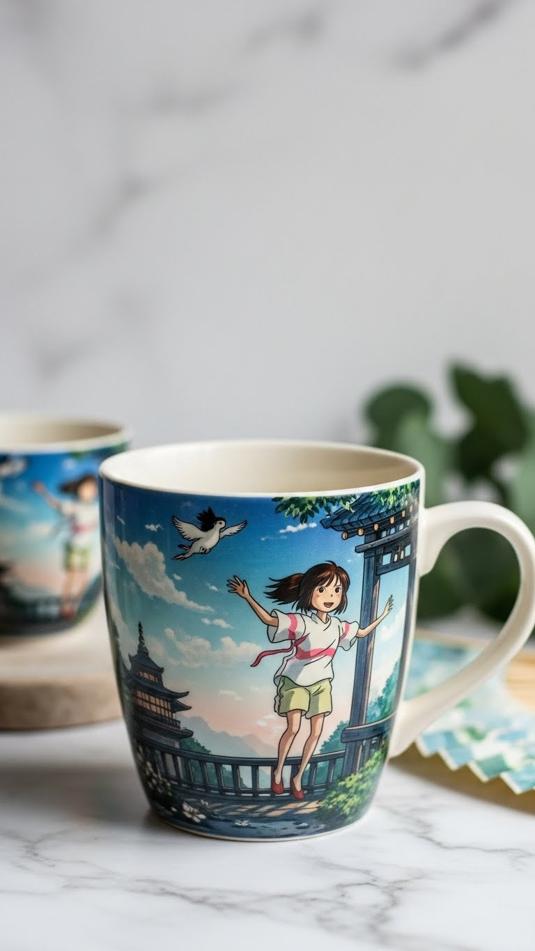 Ceramic mug with panoramic Spirited Away bathhouse scene painted in muted blues and greens