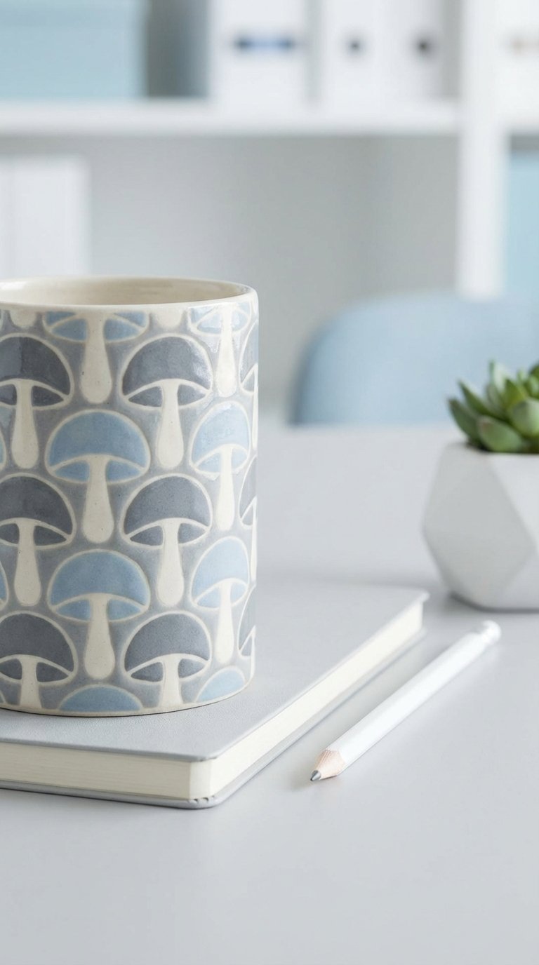 Ceramic mug with precise stencil-created symmetrical mushroom patterns in a repeating design on a minimalist desk.