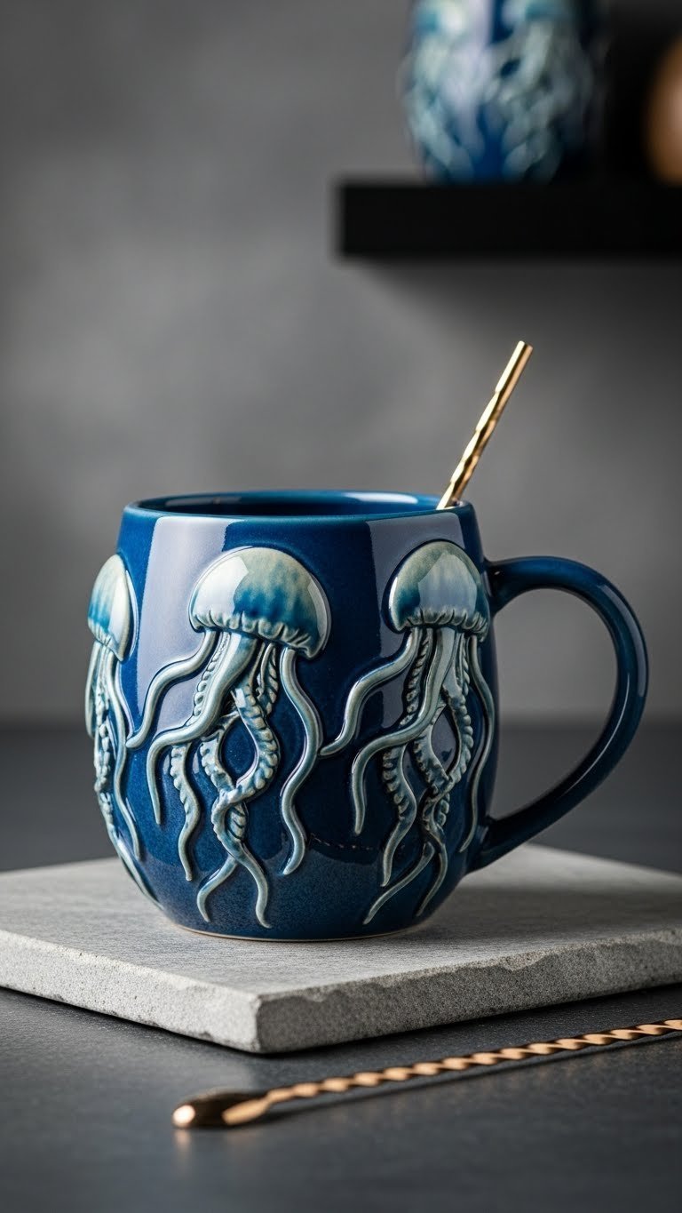 Ceramic mug with raised 3D jellyfish texture showcasing sculptural details under dramatic side lighting