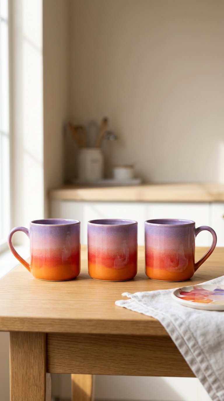 Ceramic mug with seamless sunset gradient blending vibrant orange, red, pink, and purple hues on clean wooden table