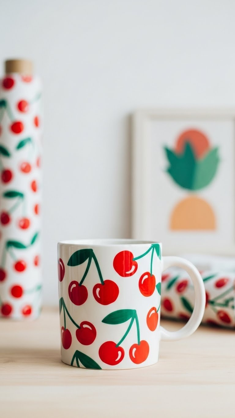 Ceramic mug with stylized cherry pattern wrap covering entire surface in bold geometric design