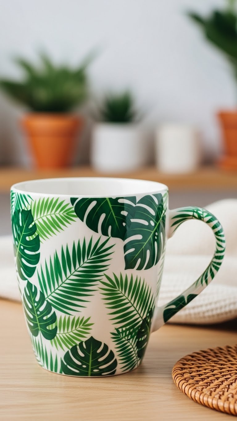 Ceramic mug with tropical leaf patterns including monstera and palm leaves on natural wooden surface
